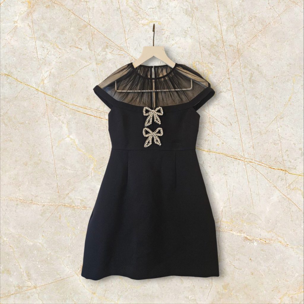 Black Self Portrait Diamante Bow Mini Dress Size 12